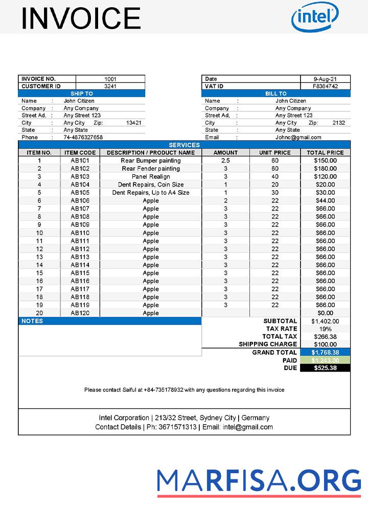 Blank USA Intel invoice template
